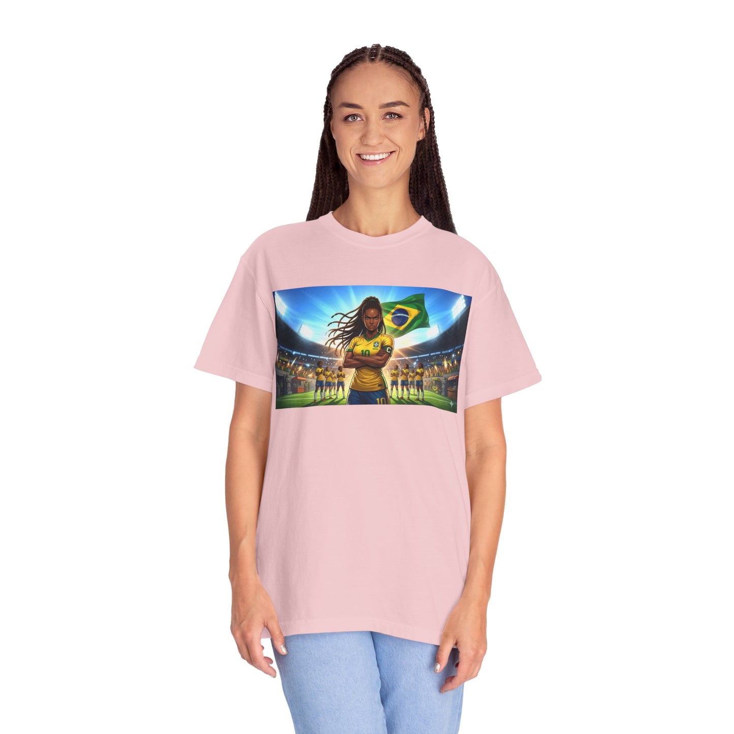 Brazil Soccer Captain T-Shirt — Player Holding Ball with Brazilian Flag Stadium Graphic