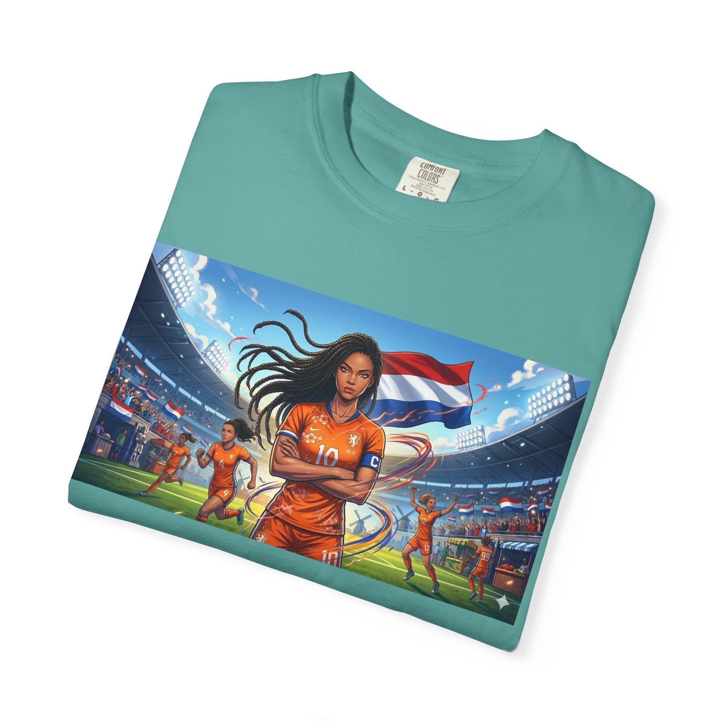 Soccer Warrior T-Shirt — Netherlands Female Captain with Flag Stadium Graphic