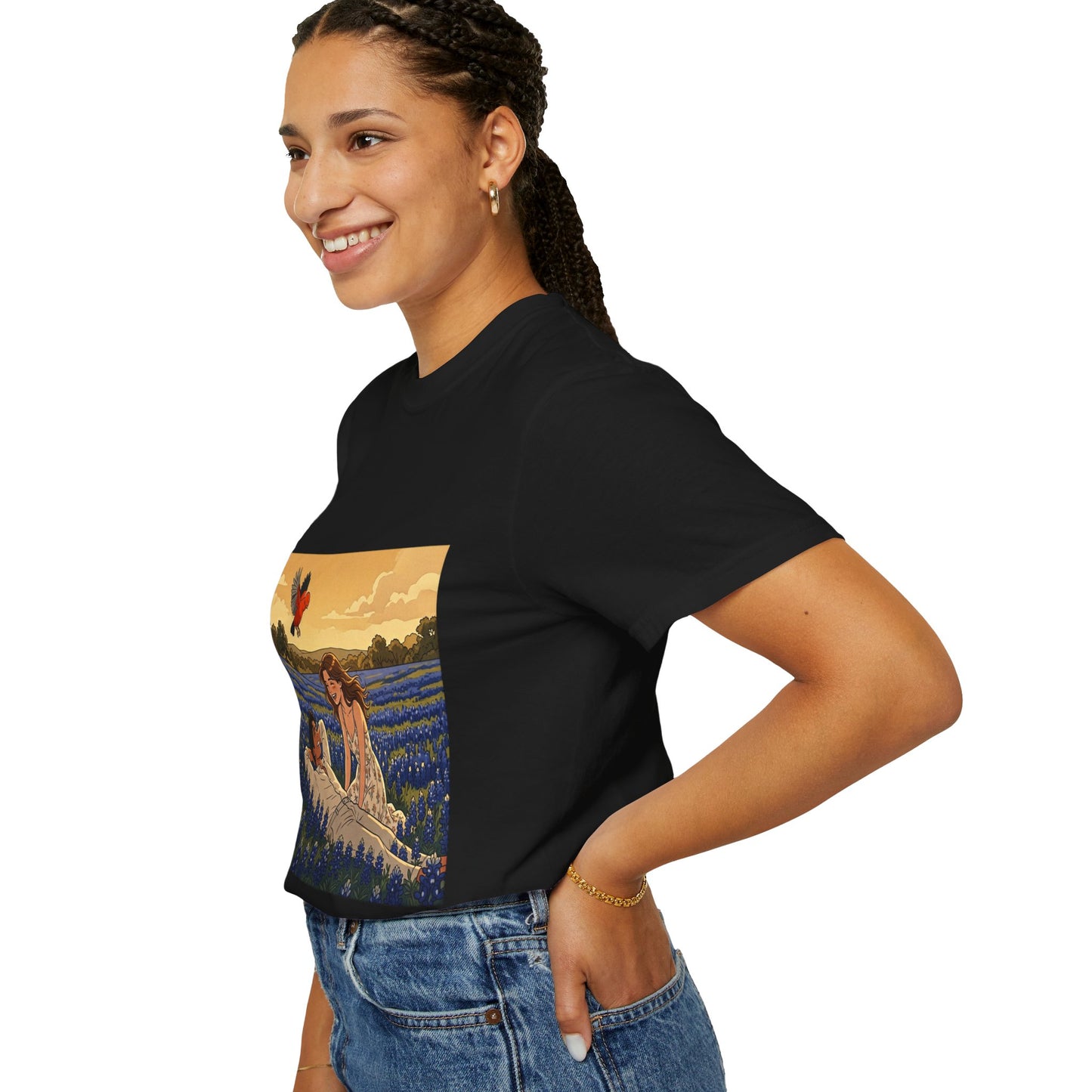 Romantic Bluebonnet Field T-Shirt — Couple in Wildflower Meadow Art Tee
