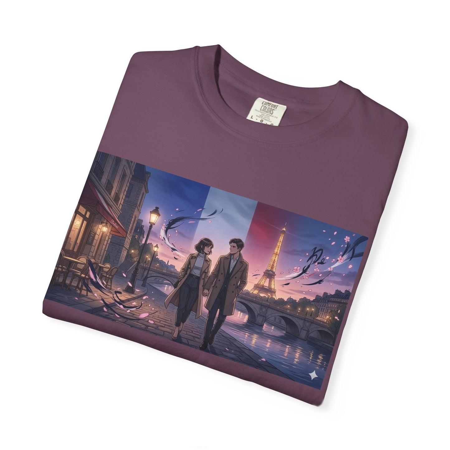 Couple Walking, Eiffel Tower - T-Shirt — Romantic Paris Nightscape Graphic Tee