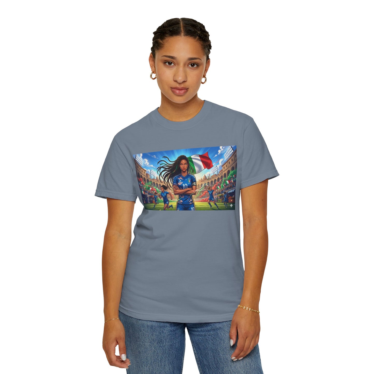 Italian Soccer Fan T‑Shirt – Inspirational Female Player with Italy Flag Stadium Print