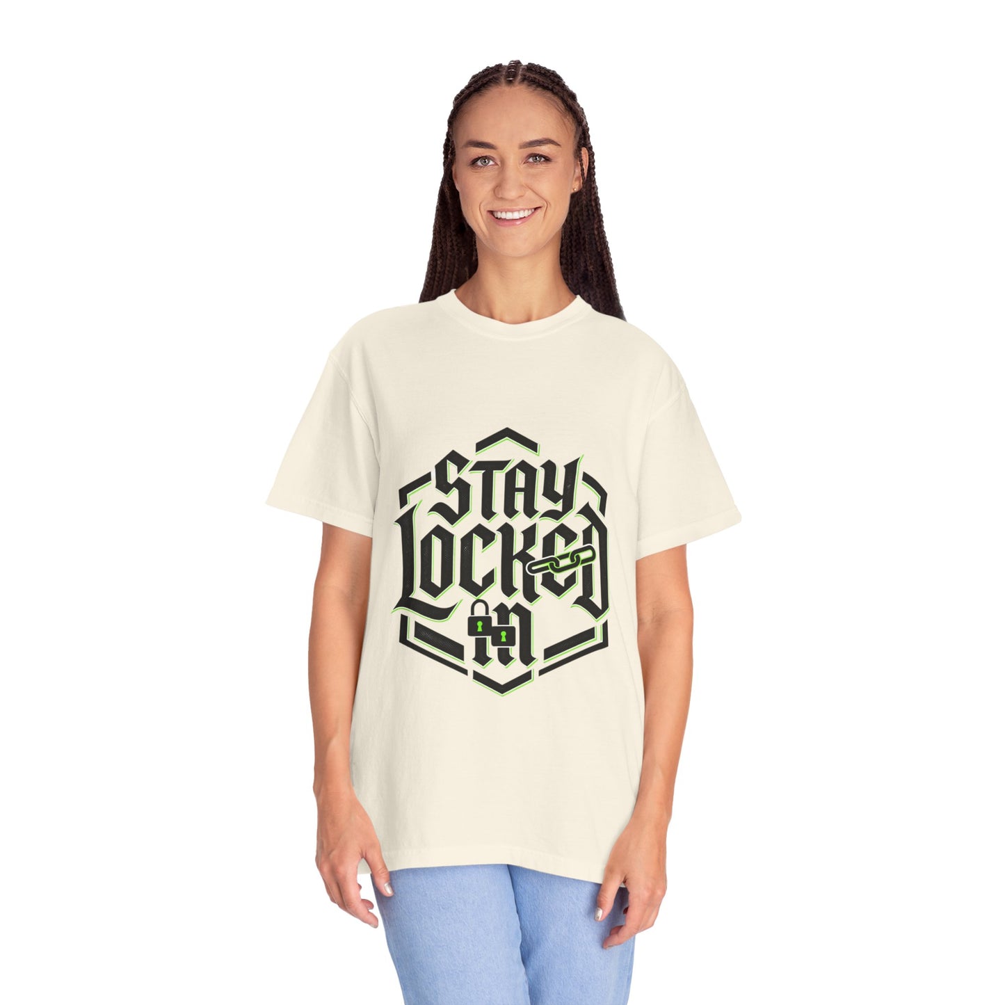Stay Locked In T-Shirt — Bold Gothic Logo Tee