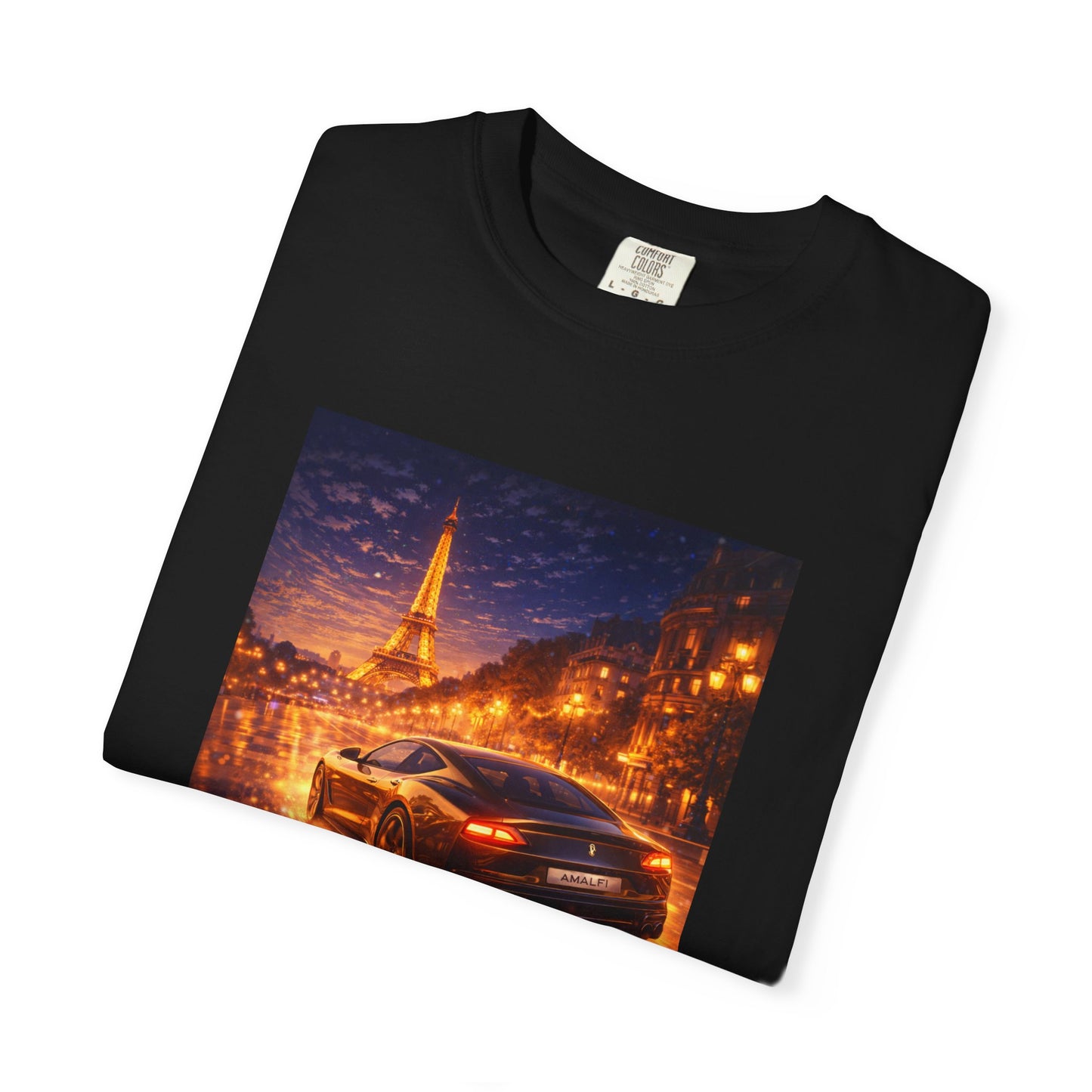 Paris Night Drive T-Shirt — Sports Car in Rainy Cityscape