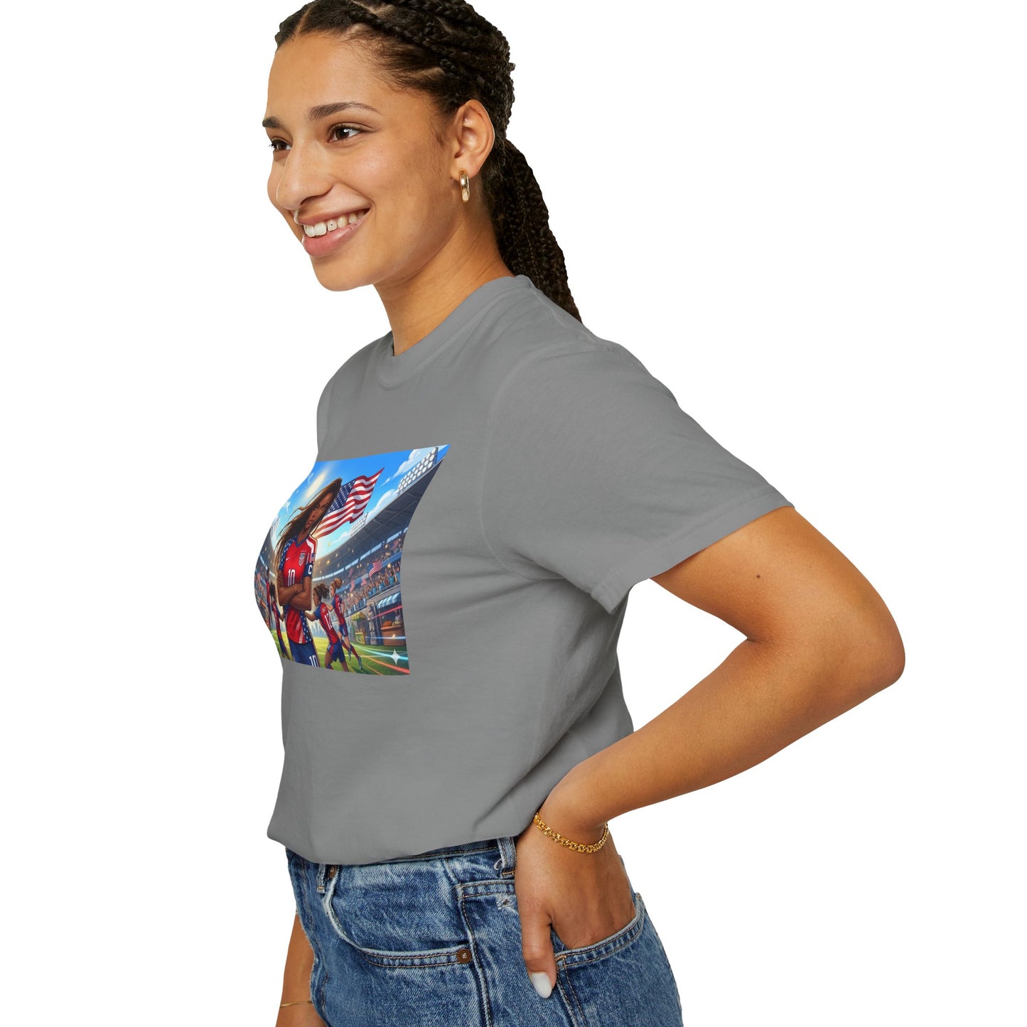 Soccer Mom USA T-Shirt — Female Soccer Player with American Flag Stadium Graphic