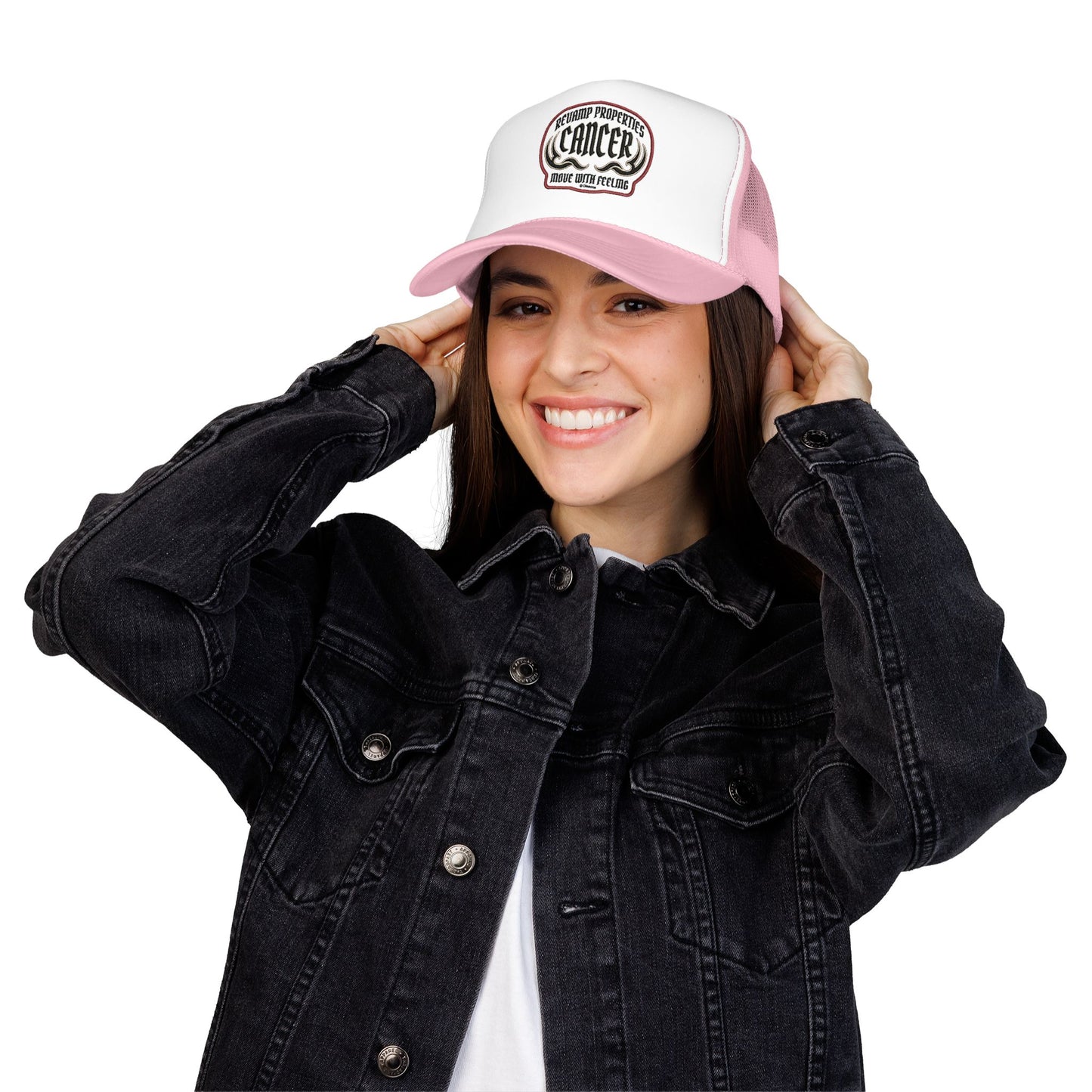 Cancer Zodiac Trucker Hat — Vintage Embroidered Skull & Crab Design