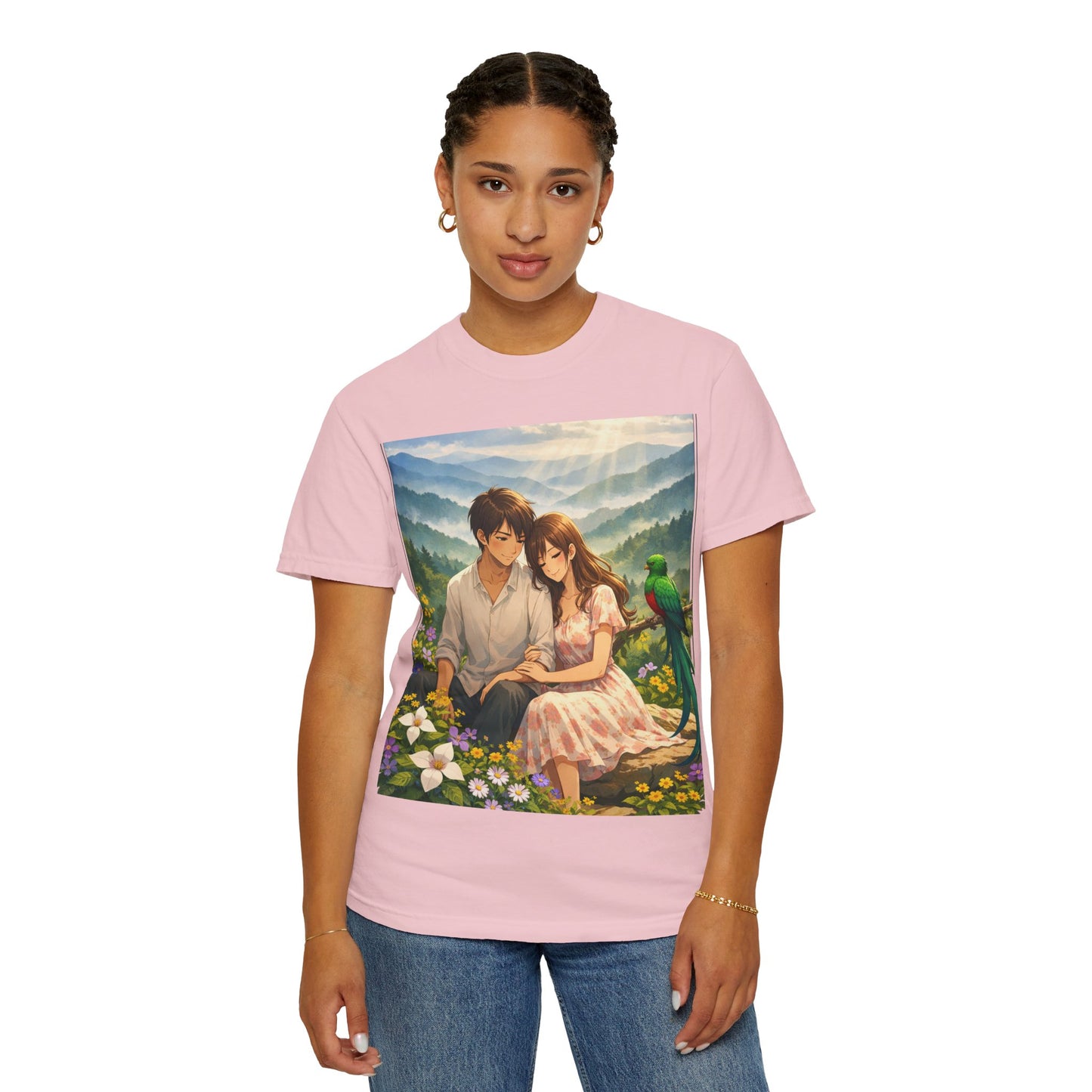 Romantic Anime Couple T-Shirt — Sunset Meadow Illustration