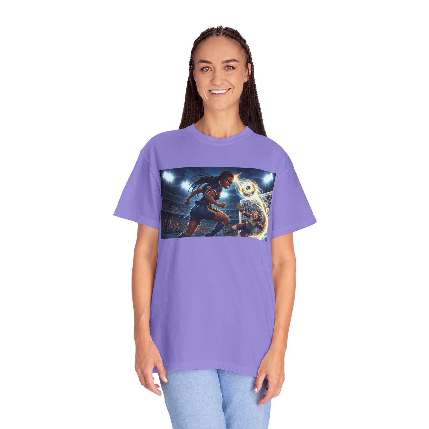 Soccer Duel Graphic T-Shirt — Futuristic Goalkeeper vs Striker Stadium Print