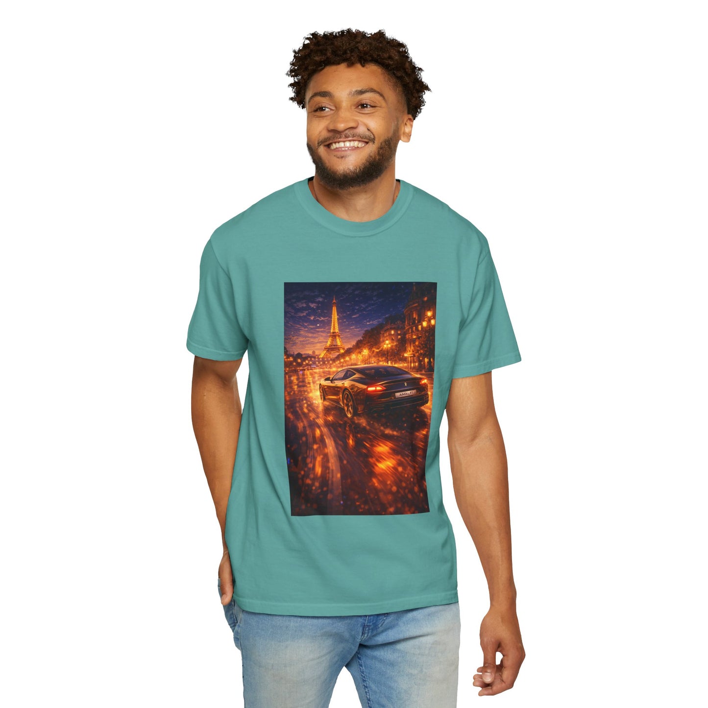Paris Night Drive T-Shirt — Sports Car in Rainy Cityscape