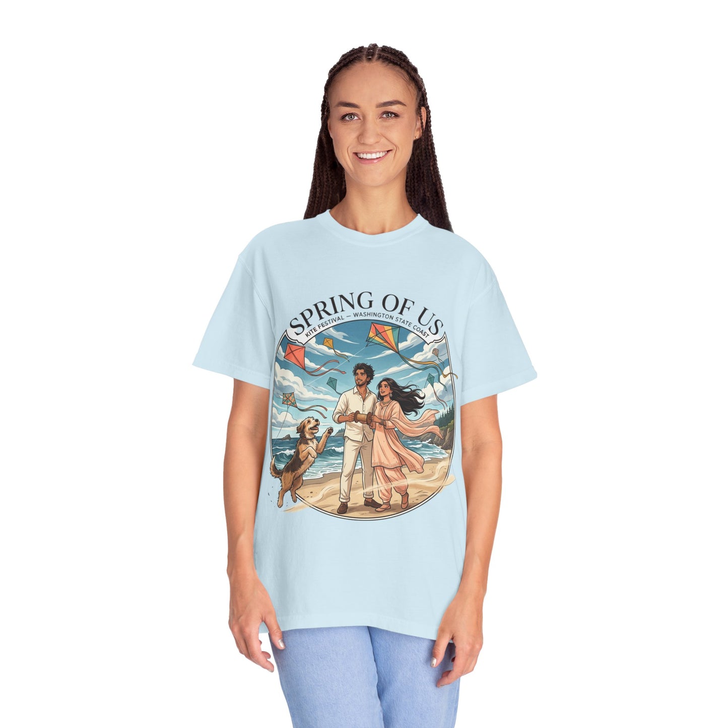 Spring of Us T-Shirt — Romantic Beach Couple Illustration with Dog