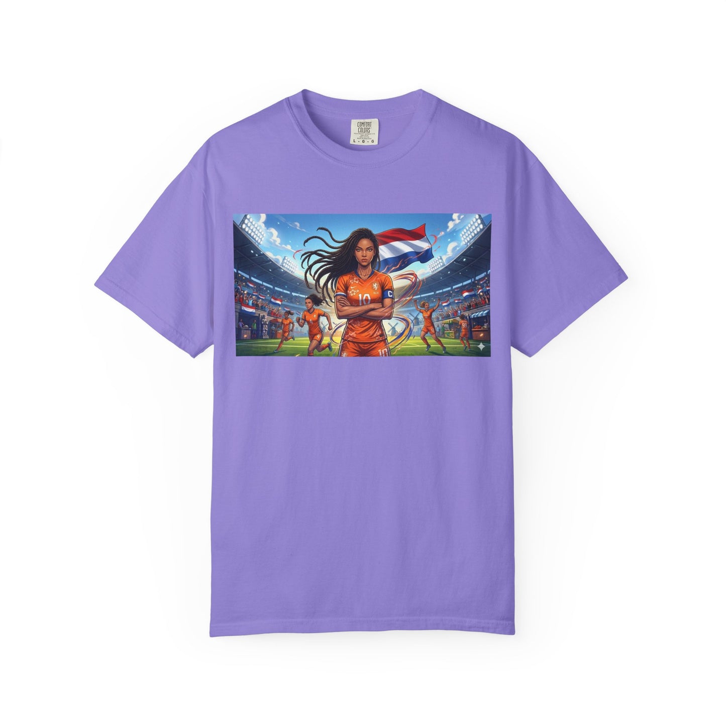 Soccer Warrior T-Shirt — Netherlands Female Captain with Flag Stadium Graphic
