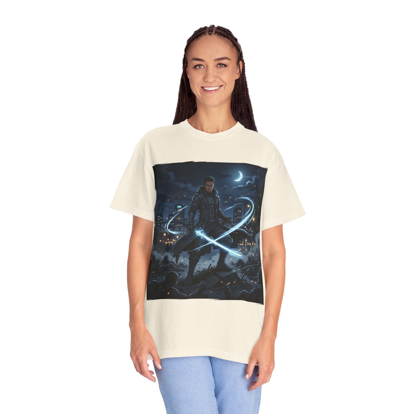 Urban Night Warrior T-Shirt — Neon Samurai Cityscape
