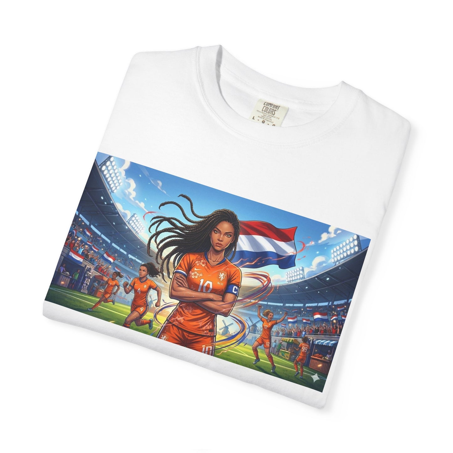 Soccer Warrior T-Shirt — Netherlands Female Captain with Flag Stadium Graphic