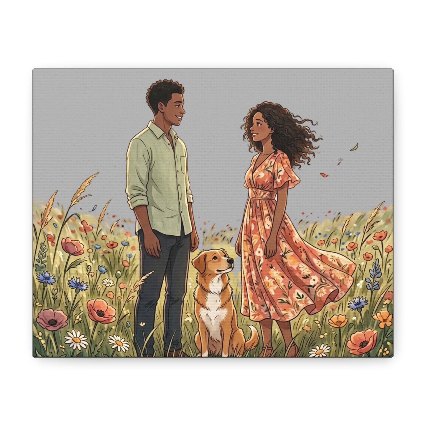 Romantic Couple in Wildflower Field Canvas Art — Black Love Wall Decor with Dog