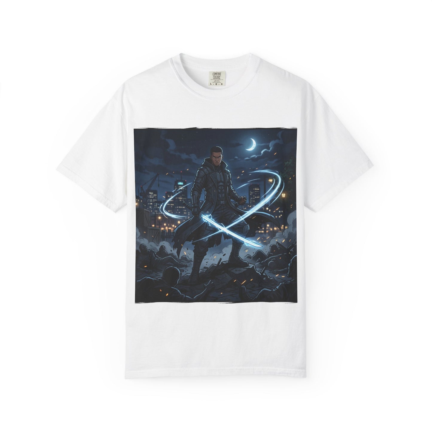Urban Night Warrior T-Shirt — Neon Samurai Cityscape