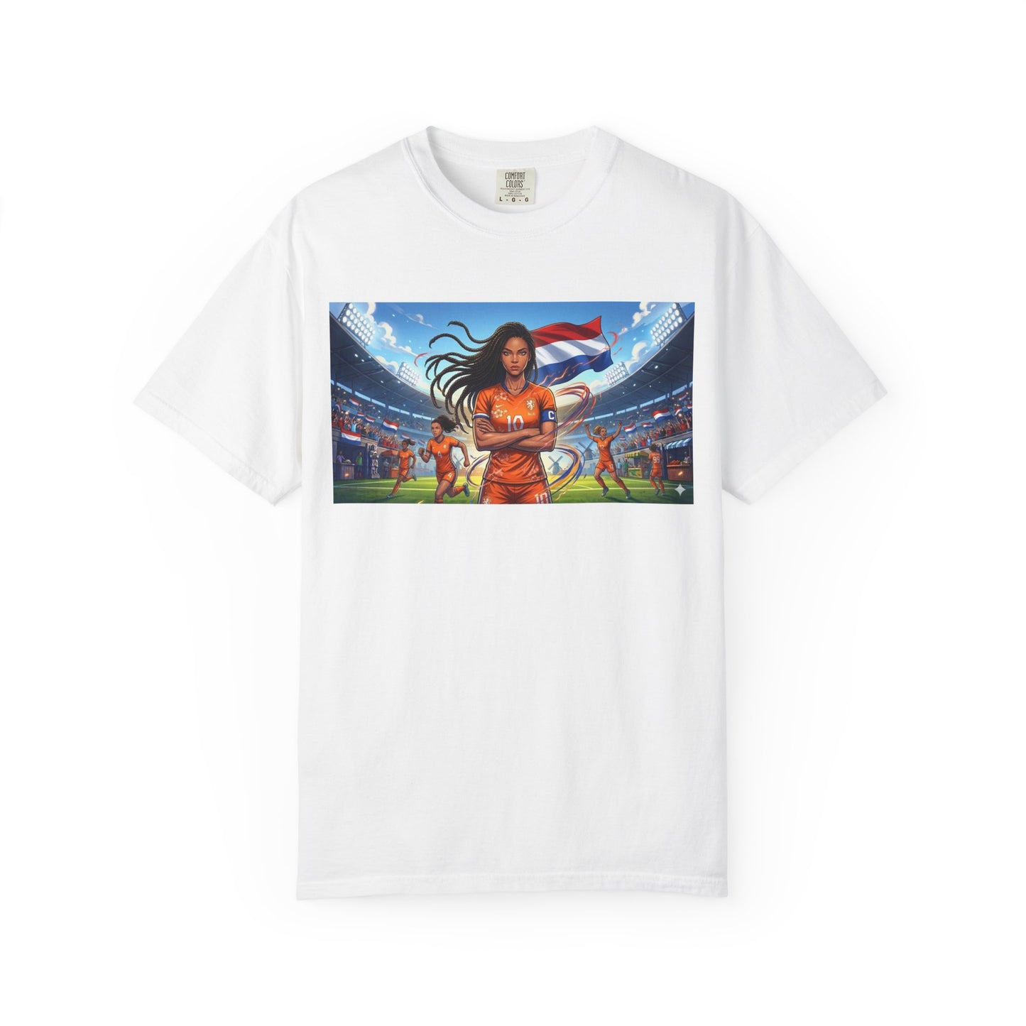 Soccer Warrior T-Shirt — Netherlands Female Captain with Flag Stadium Graphic