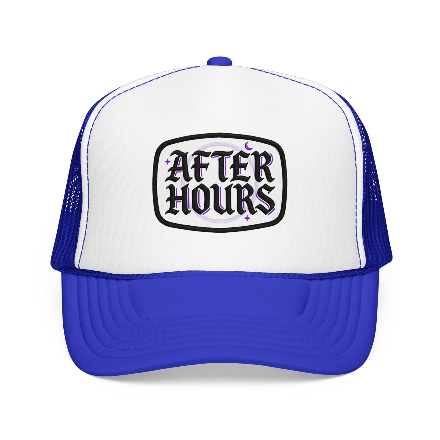 After Hours Foam Trucker Hat – Retro Gothic Embroidered Patch Cap