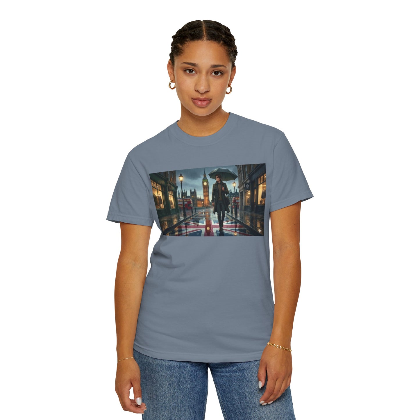 T-Shirt — Rainy London Street Scene Graphic Tee (Big Ben, Umbrella, Night Cityscape)