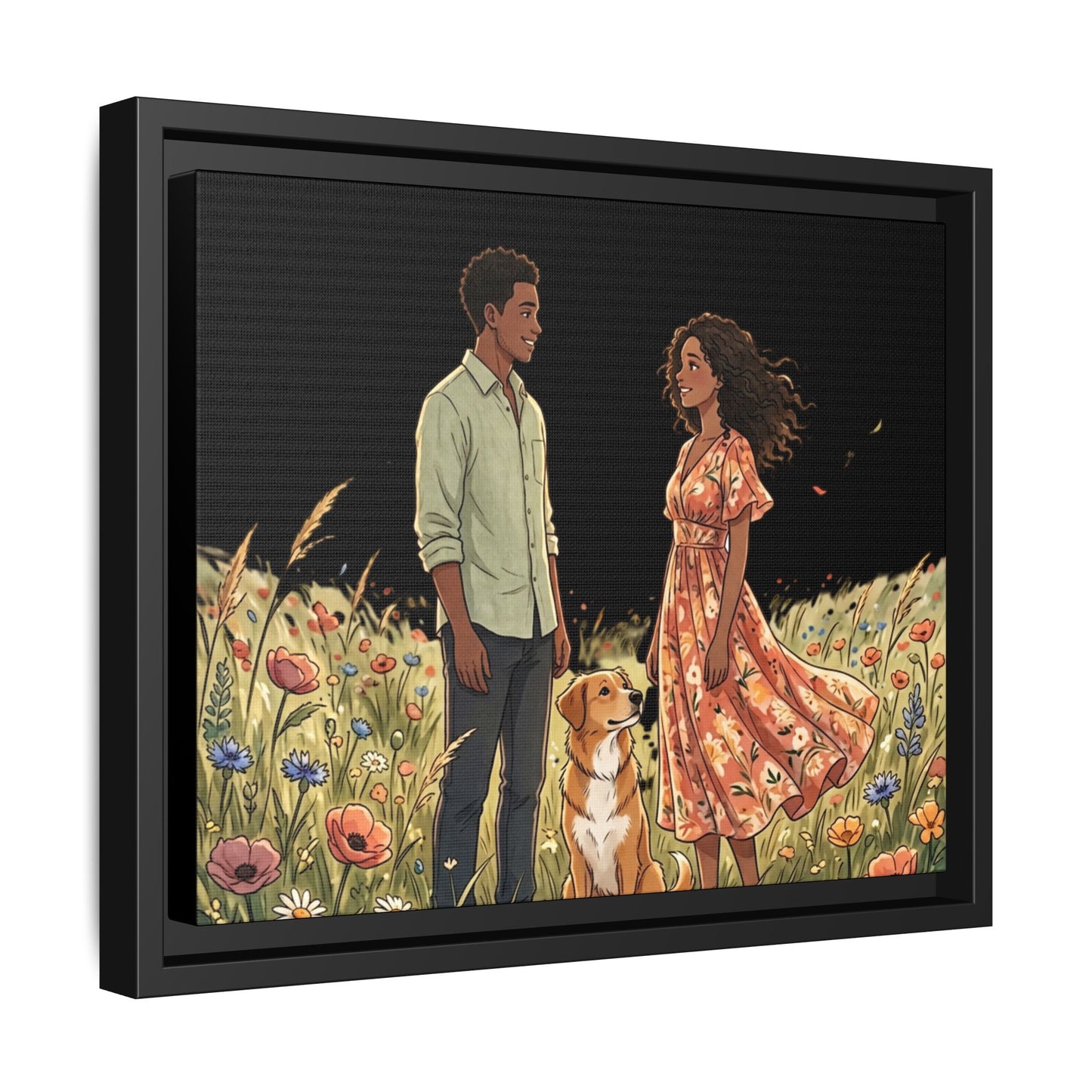 Framed Matte Canvas Print — Romantic Couple in Wildflower Field (Multi‑Color)