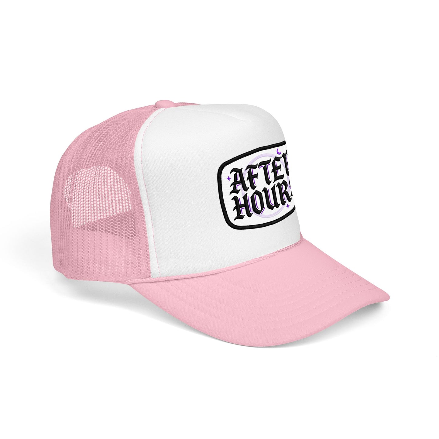 After Hours Foam Trucker Hat – Retro Gothic Embroidered Patch Cap