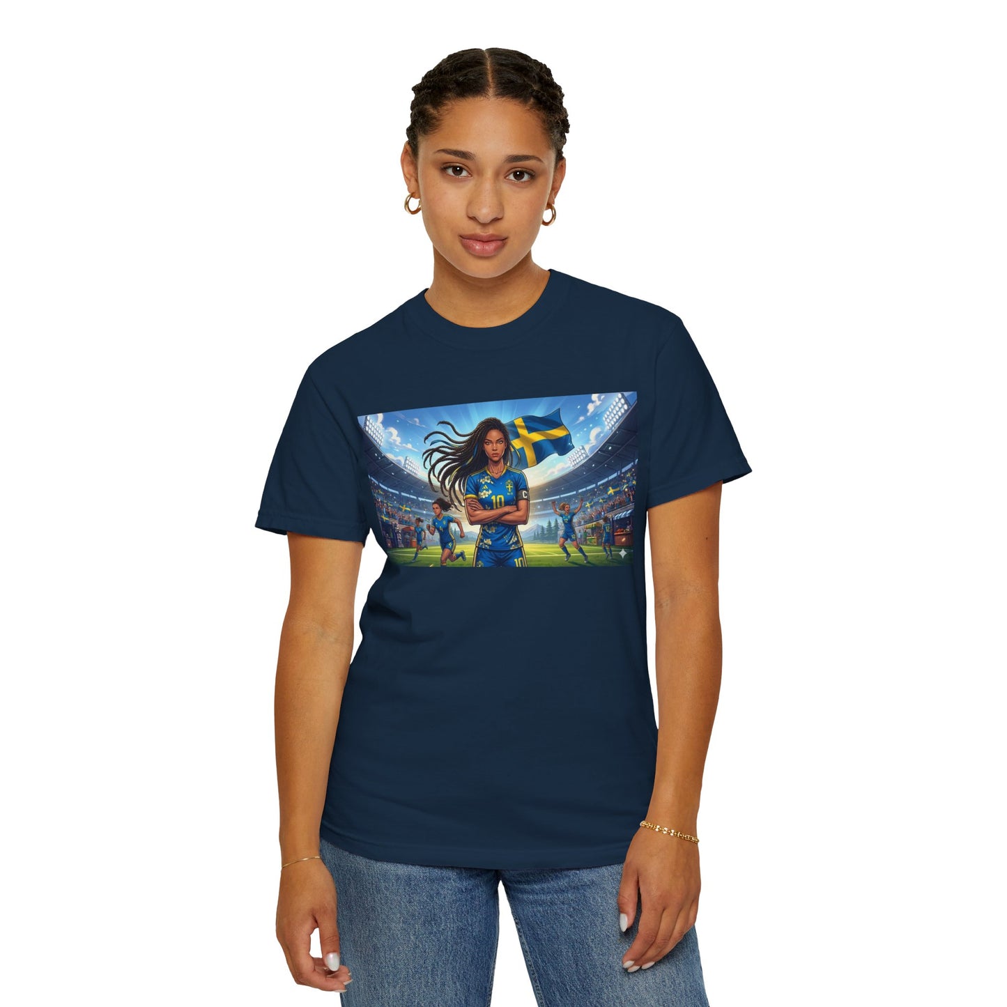Swedish Soccer Pride T-Shirt — Female Footballer with Flag Stadium Design
