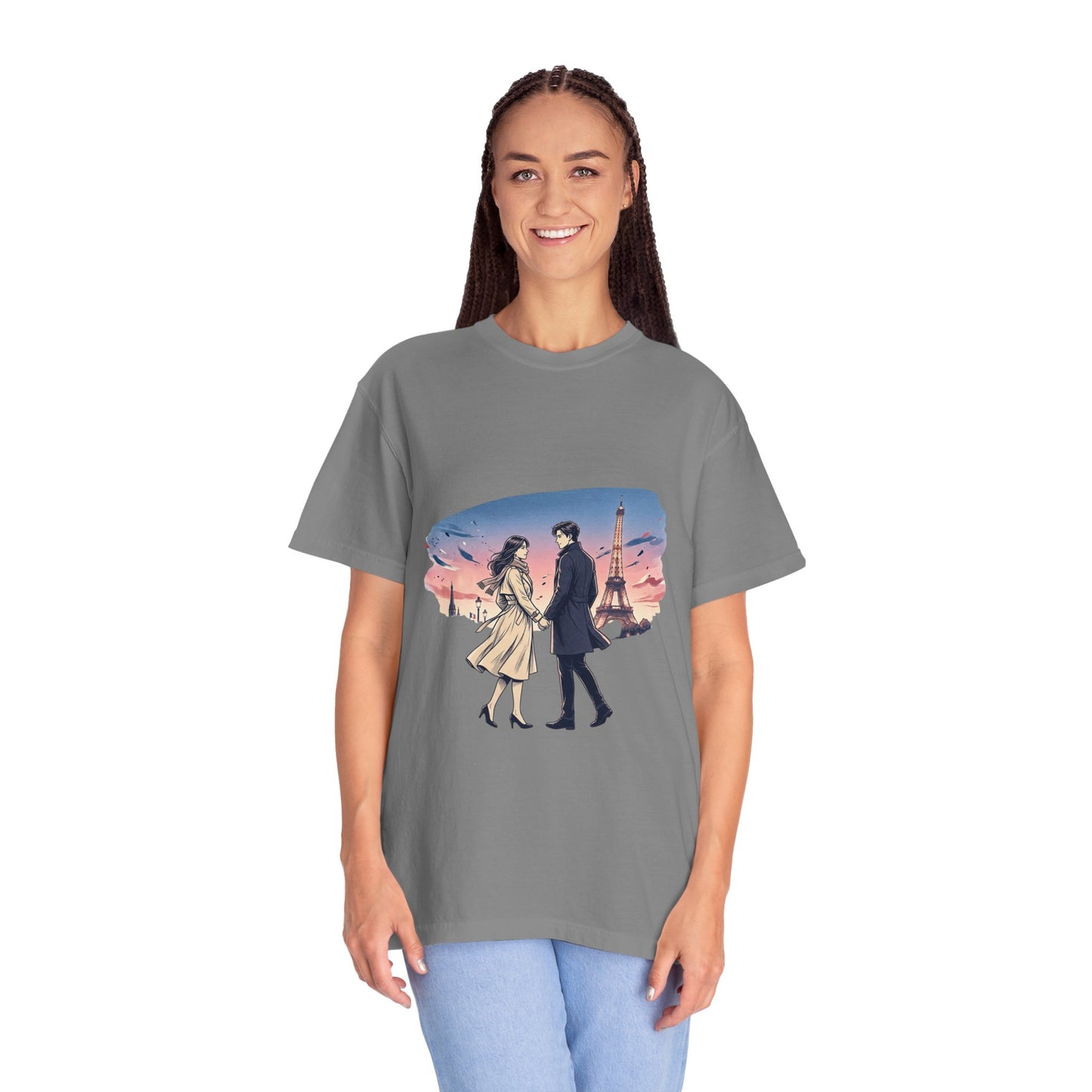 Paris Sunset Romance T-Shirt — Couple Walking by Eiffel Tower Graphic Tee