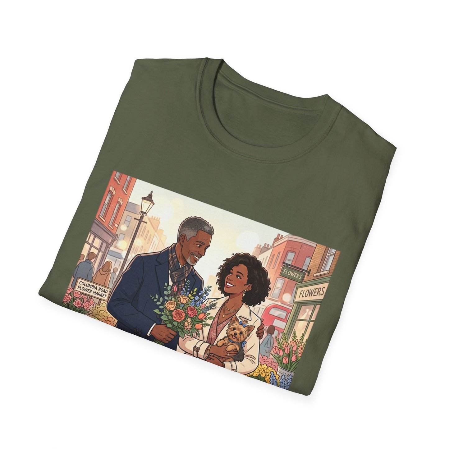 Romantic City Stroll T-Shirt — Couple Bouquet Illustration