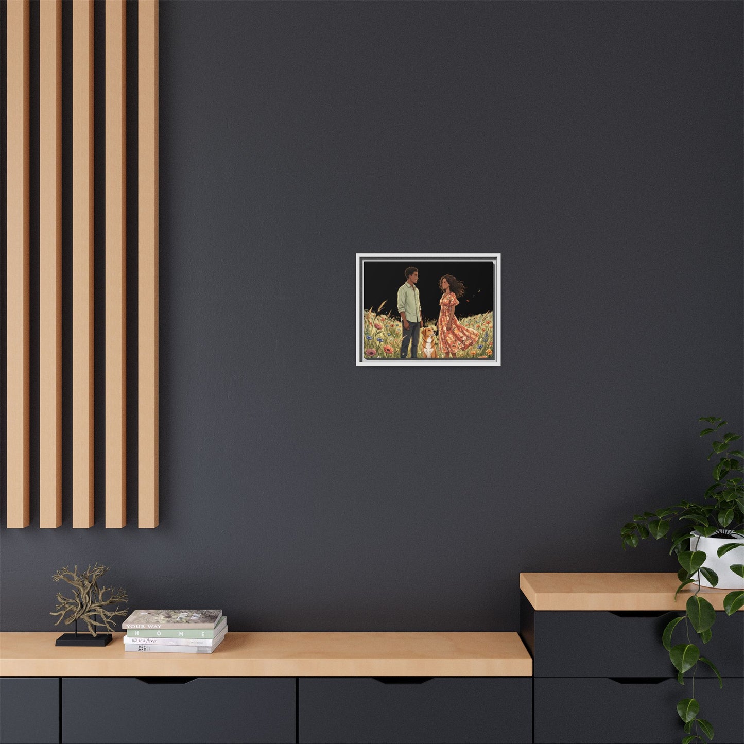 Framed Matte Canvas Print — Romantic Couple in Wildflower Field (Multi‑Color)