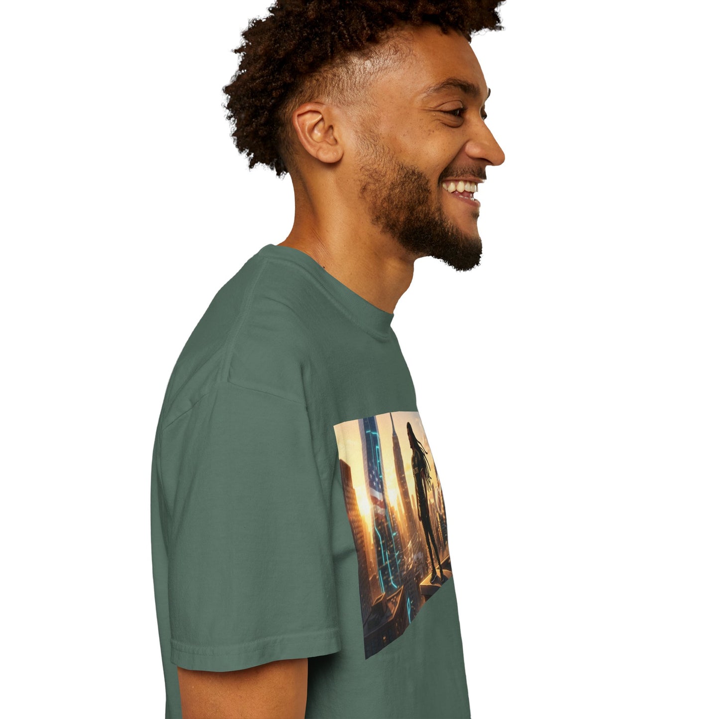Cyberpunk Cityscape T-Shirt — Silhouette Hero at Sunset