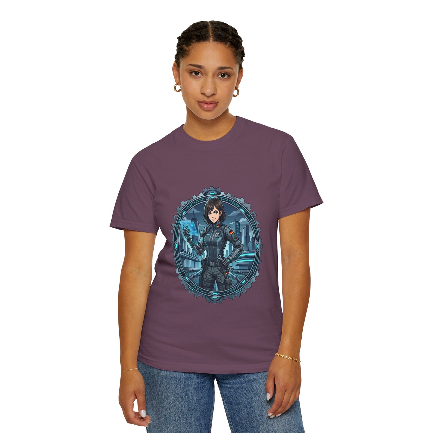 Cyber Ninja Graphic T-Shirt — Futuristic Female Warrior Illustration