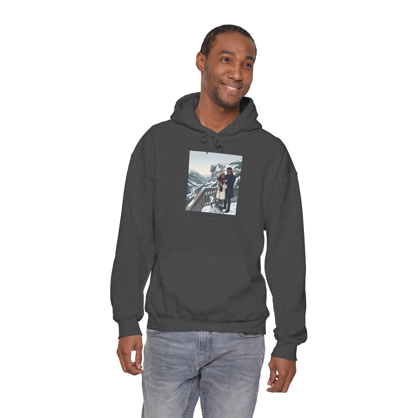Winter Couple Photo Hoodie — Vintage Alps Travel Graphic Sweatshirt