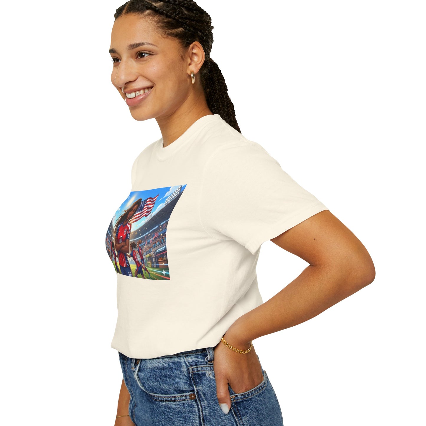 Soccer Mom USA T-Shirt — Female Soccer Player with American Flag Stadium Graphic