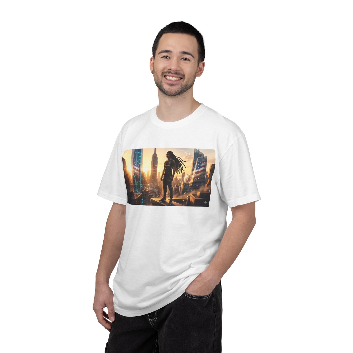 Cyberpunk Cityscape T-Shirt — Silhouette Hero at Sunset