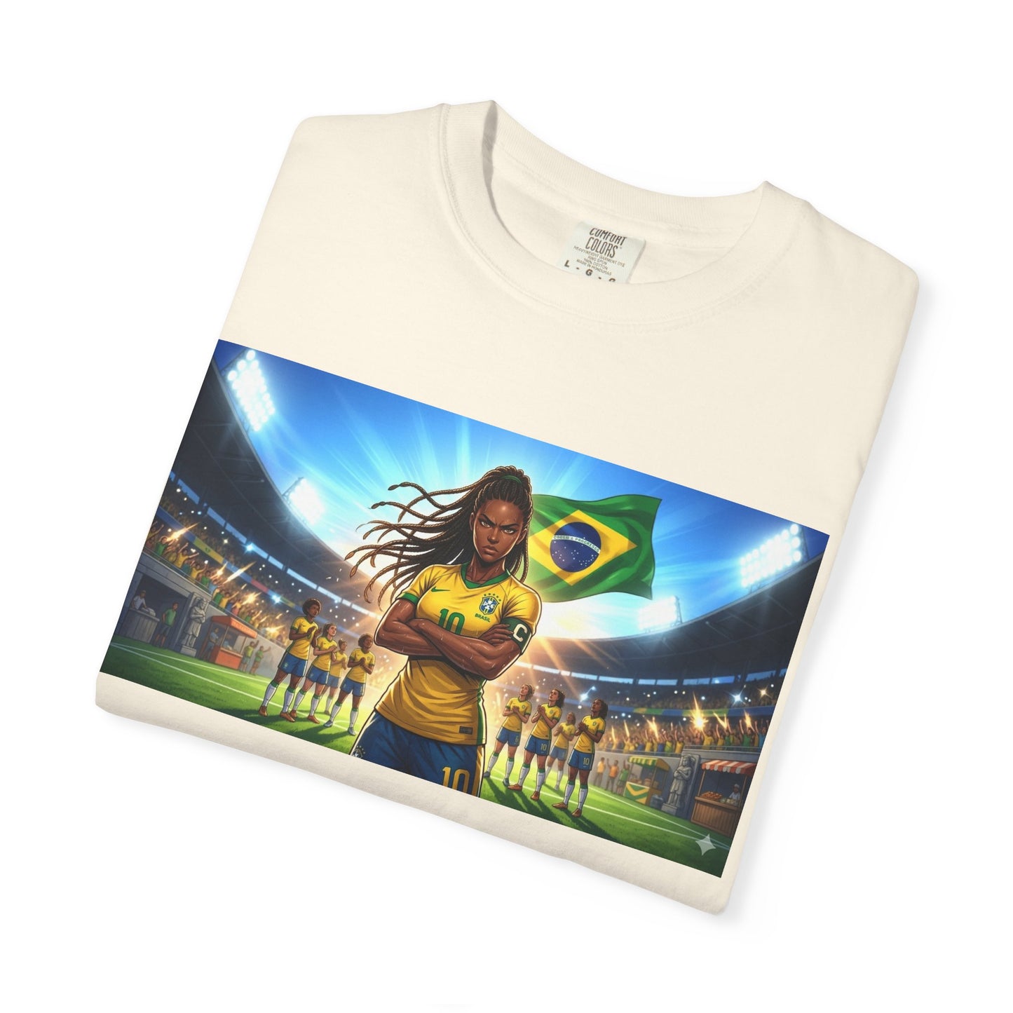 Brazil Soccer Captain T-Shirt — Player Holding Ball with Brazilian Flag Stadium Graphic