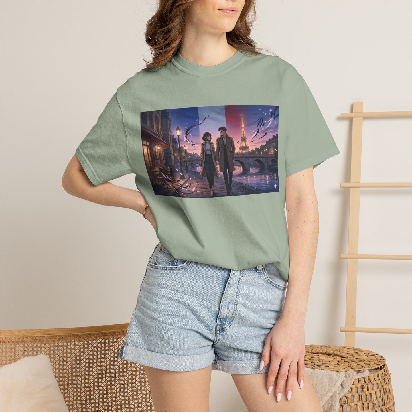 Couple Walking, Eiffel Tower - T-Shirt — Romantic Paris Nightscape Graphic Tee