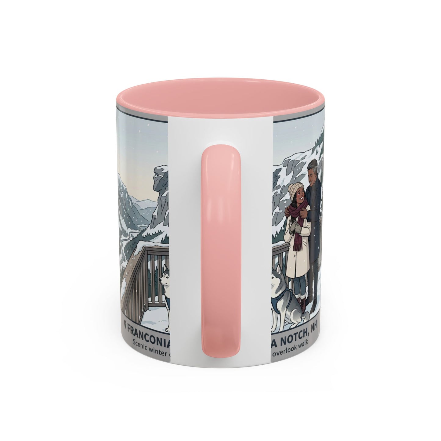 Franconia Notch Scenic Winter Mug — Couples & Dog Snowy Overlook Coffee Cup (11/15oz)