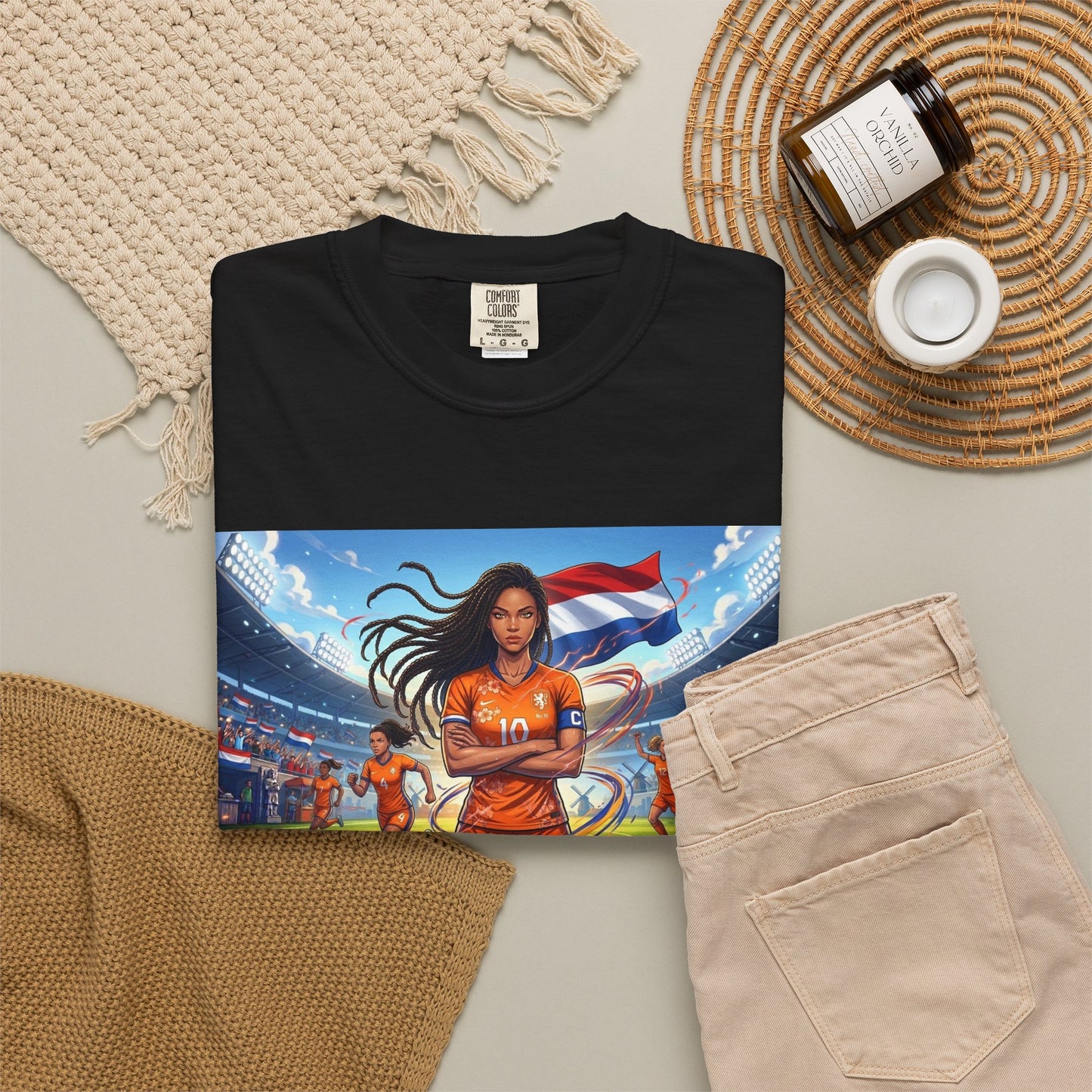 Soccer Warrior T-Shirt — Netherlands Female Captain with Flag Stadium Graphic