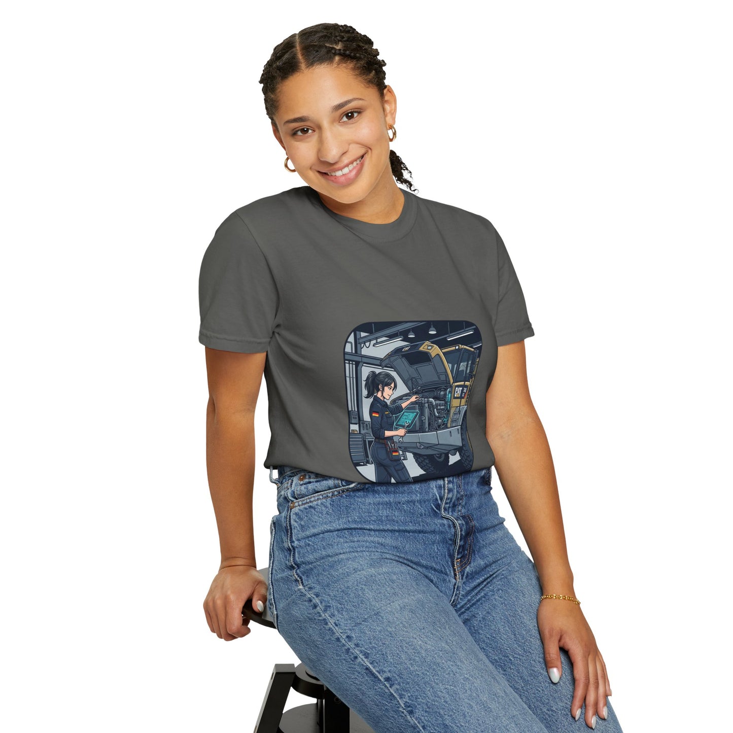 Mechanic Garage Scene T-Shirt — Vintage Truck Repair Illustration