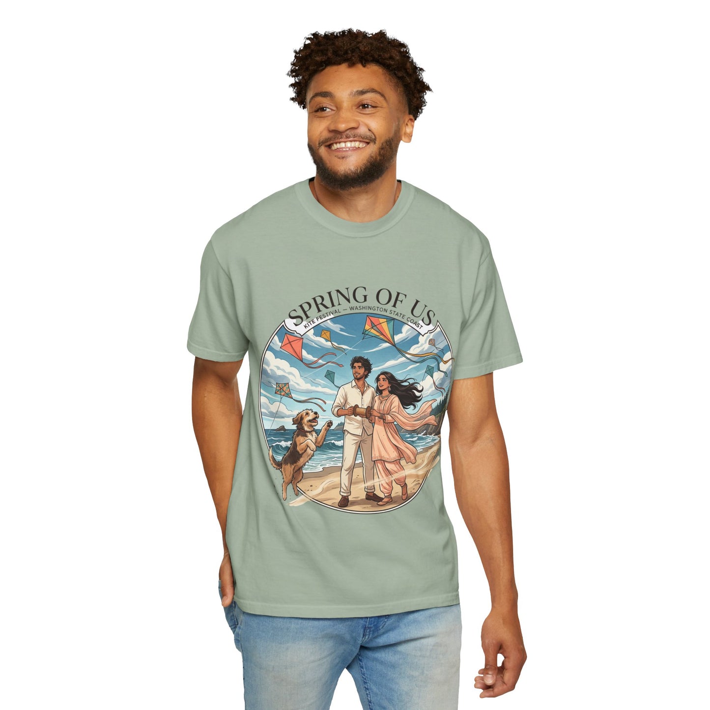 Spring of Us T-Shirt — Romantic Beach Couple Illustration with Dog