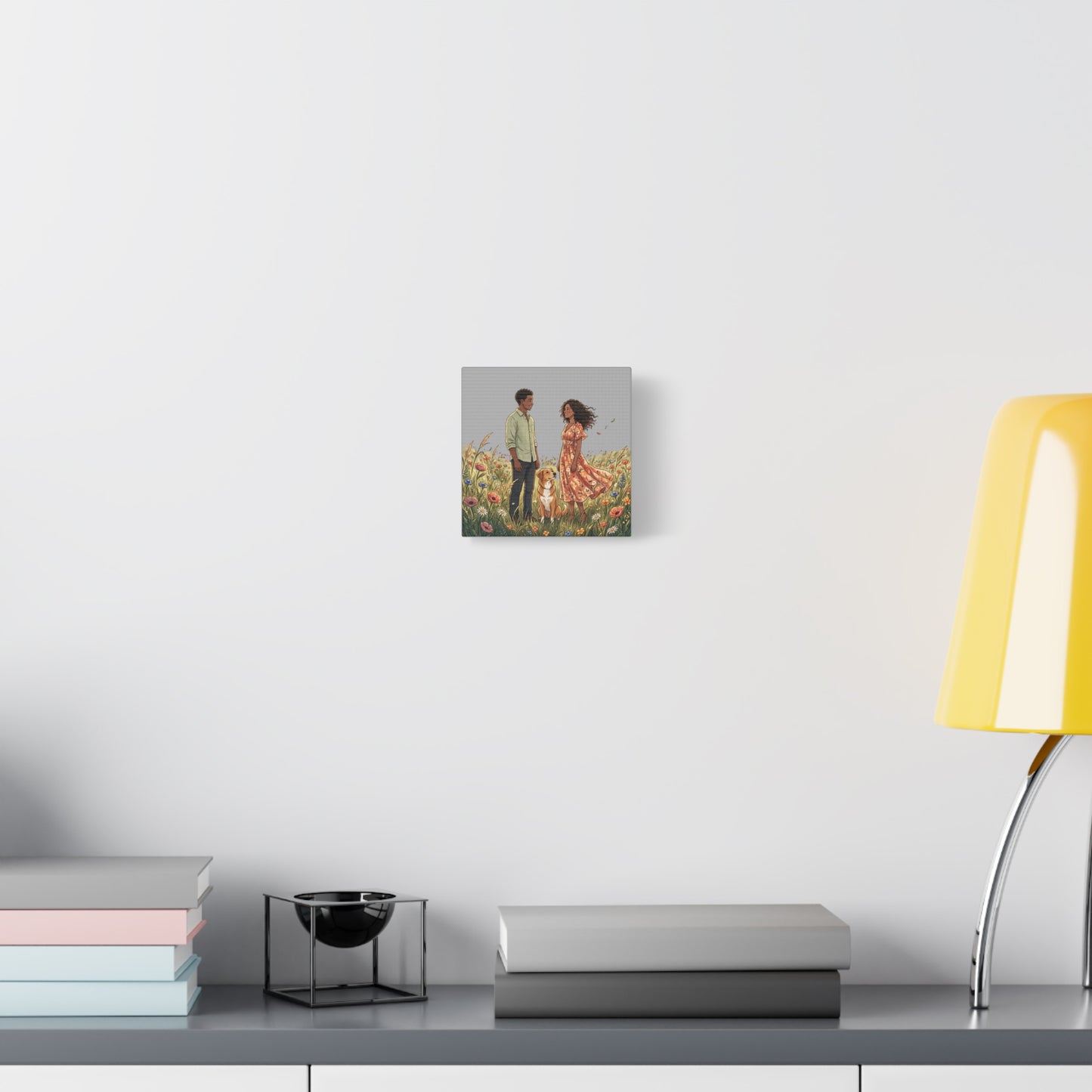 Romantic Couple in Wildflower Field Canvas Art — Black Love Wall Decor with Dog
