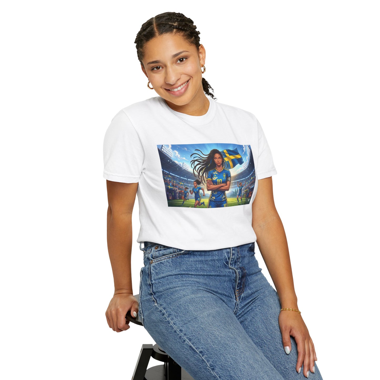 Swedish Soccer Pride T-Shirt — Female Footballer with Flag Stadium Design