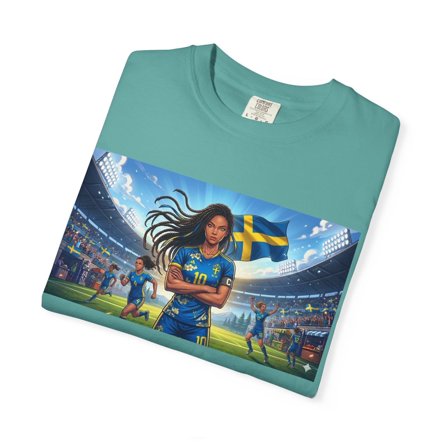 Swedish Soccer Pride T-Shirt — Female Footballer with Flag Stadium Design