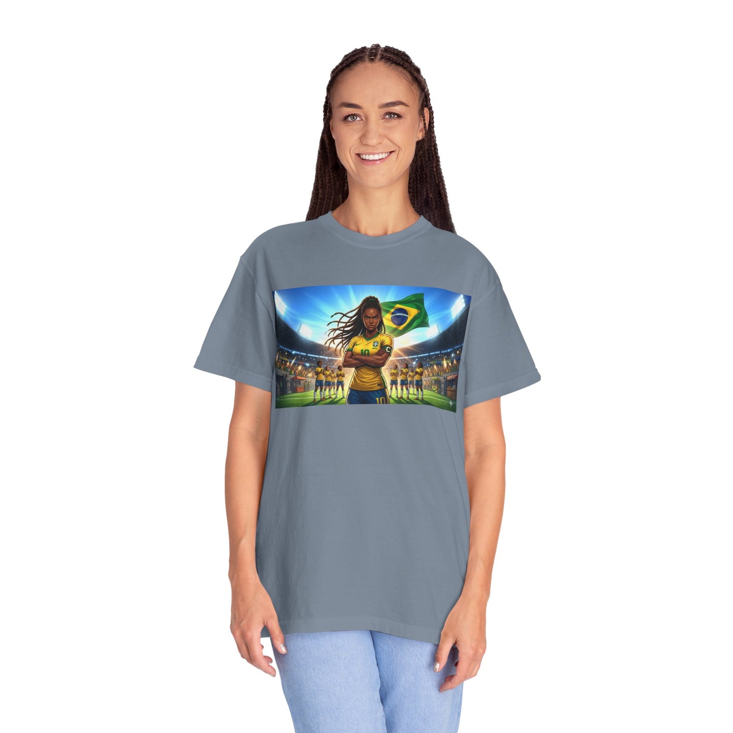 Brazil Soccer Captain T-Shirt — Player Holding Ball with Brazilian Flag Stadium Graphic