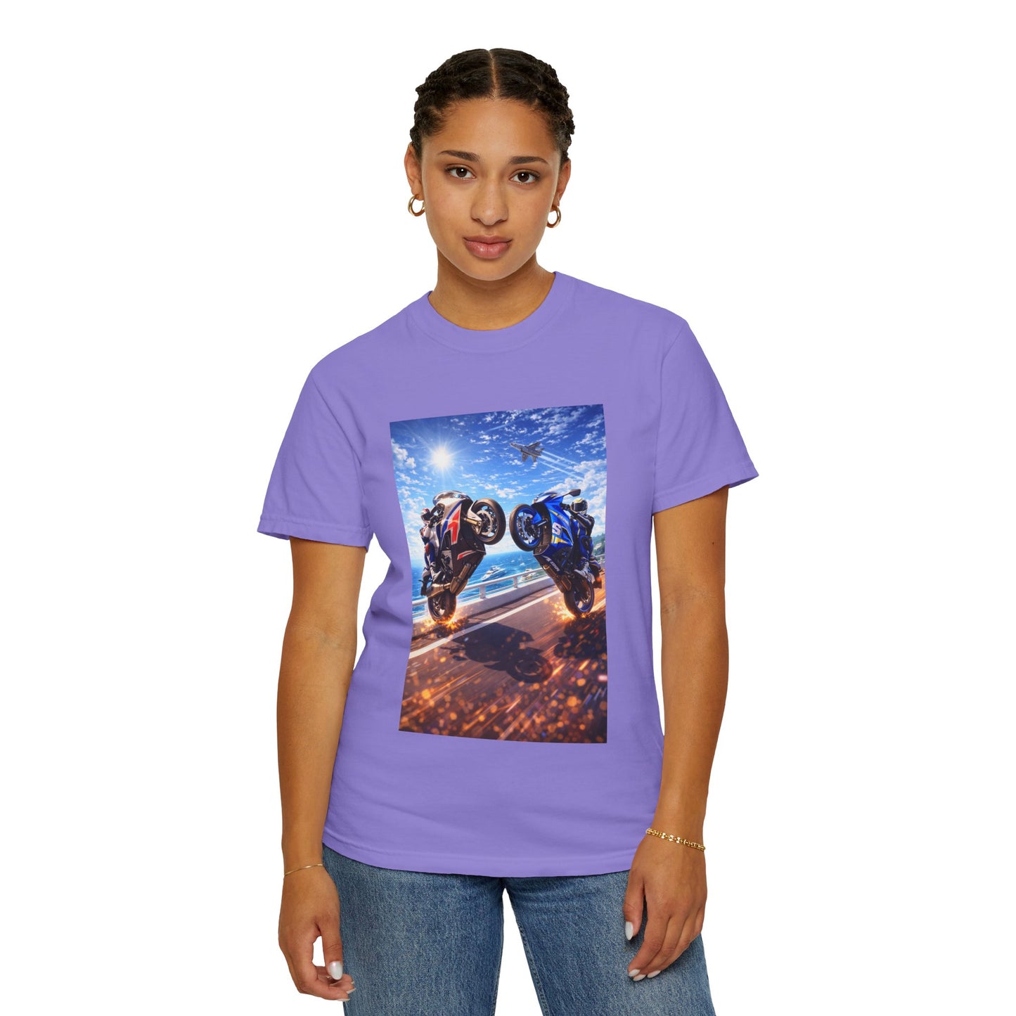 Stunt Riders Motorcycle T-Shirt — Two Bike Wheelie Racing Graphic Tee