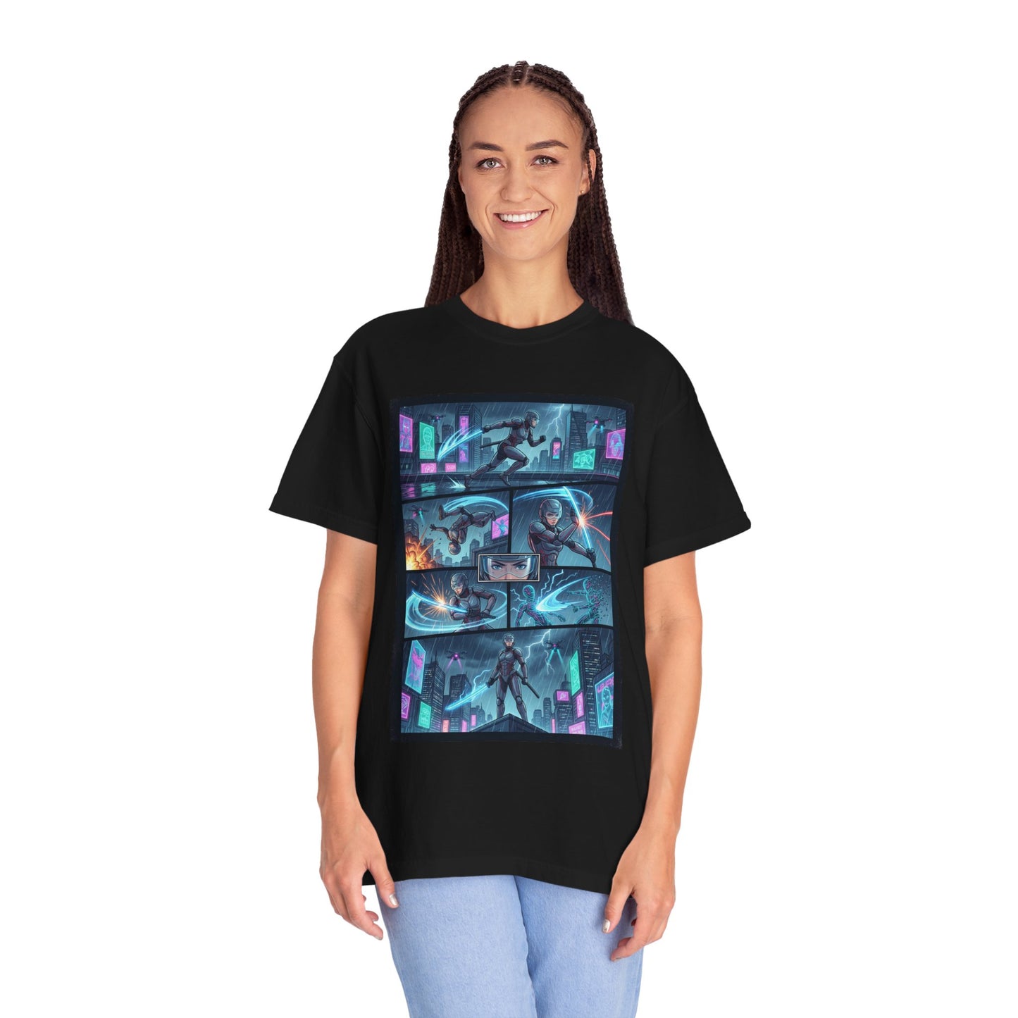 Cyberpunk Girl Samurai T-Shirt — Neon Manga Panel Graphic Tee