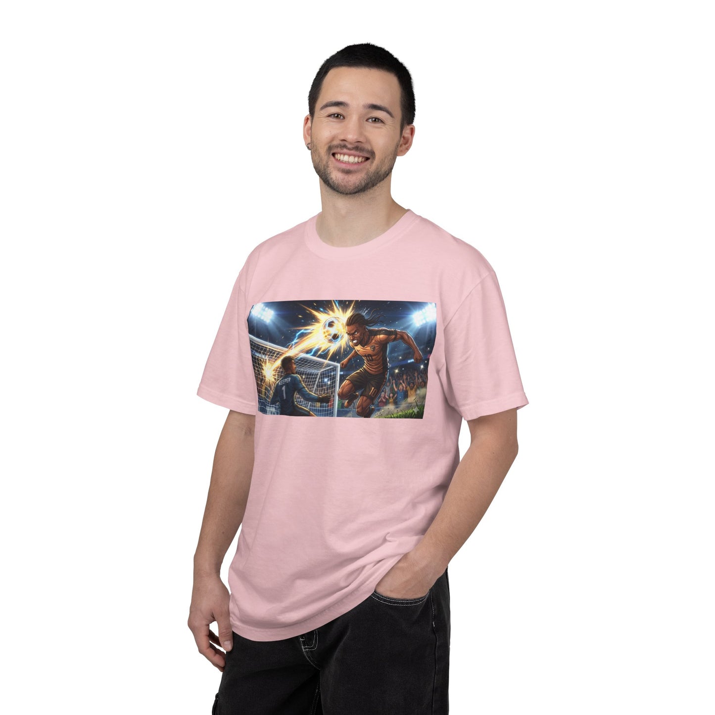 Soccer Goal Celebration T-Shirt — Action Football Scene Graphic Tee