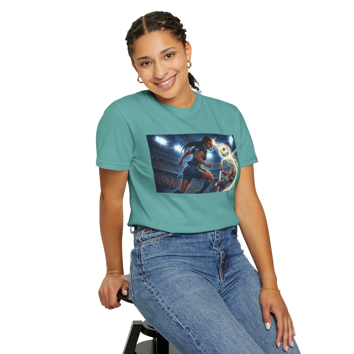 Soccer Duel Graphic T-Shirt — Futuristic Goalkeeper vs Striker Stadium Print