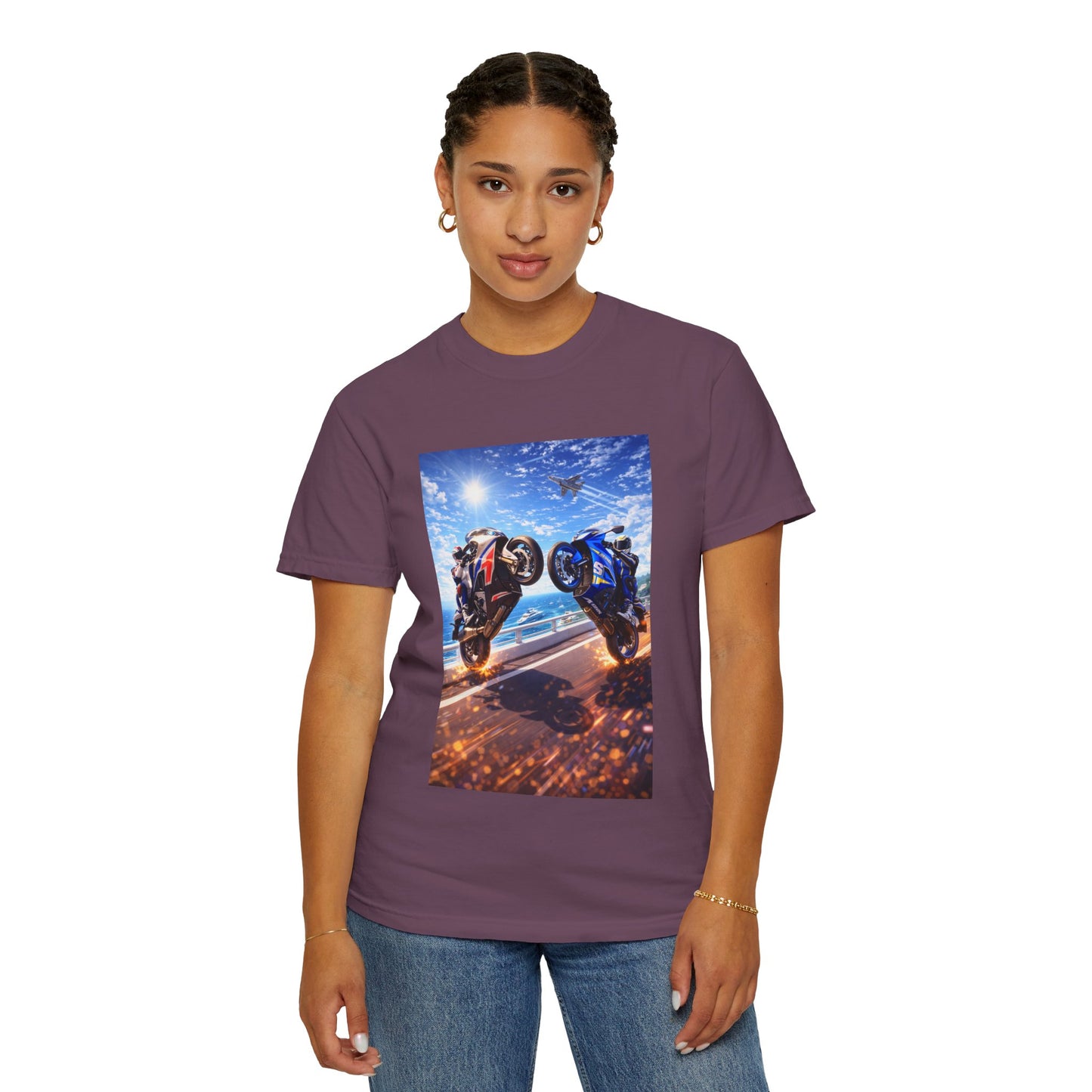 Stunt Riders Motorcycle T-Shirt — Two Bike Wheelie Racing Graphic Tee