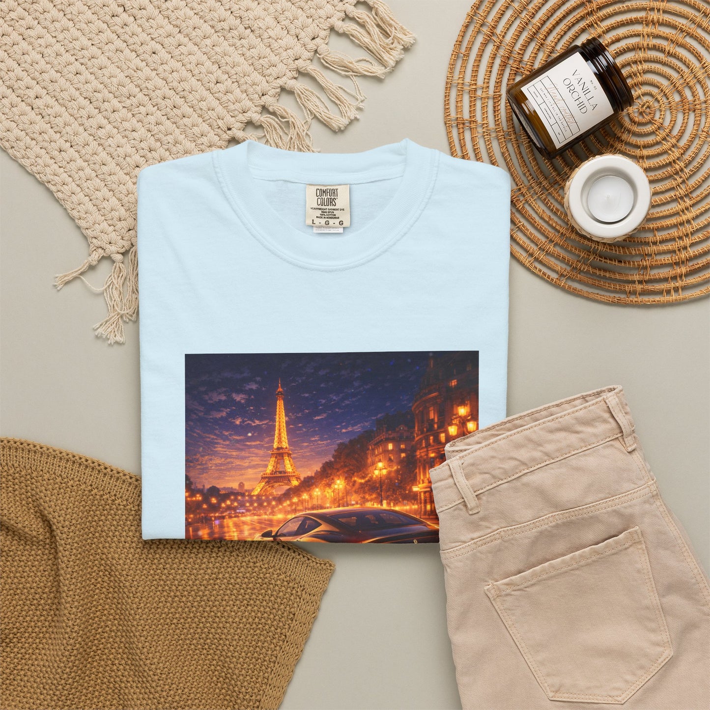 Paris Night Drive T-Shirt — Sports Car in Rainy Cityscape