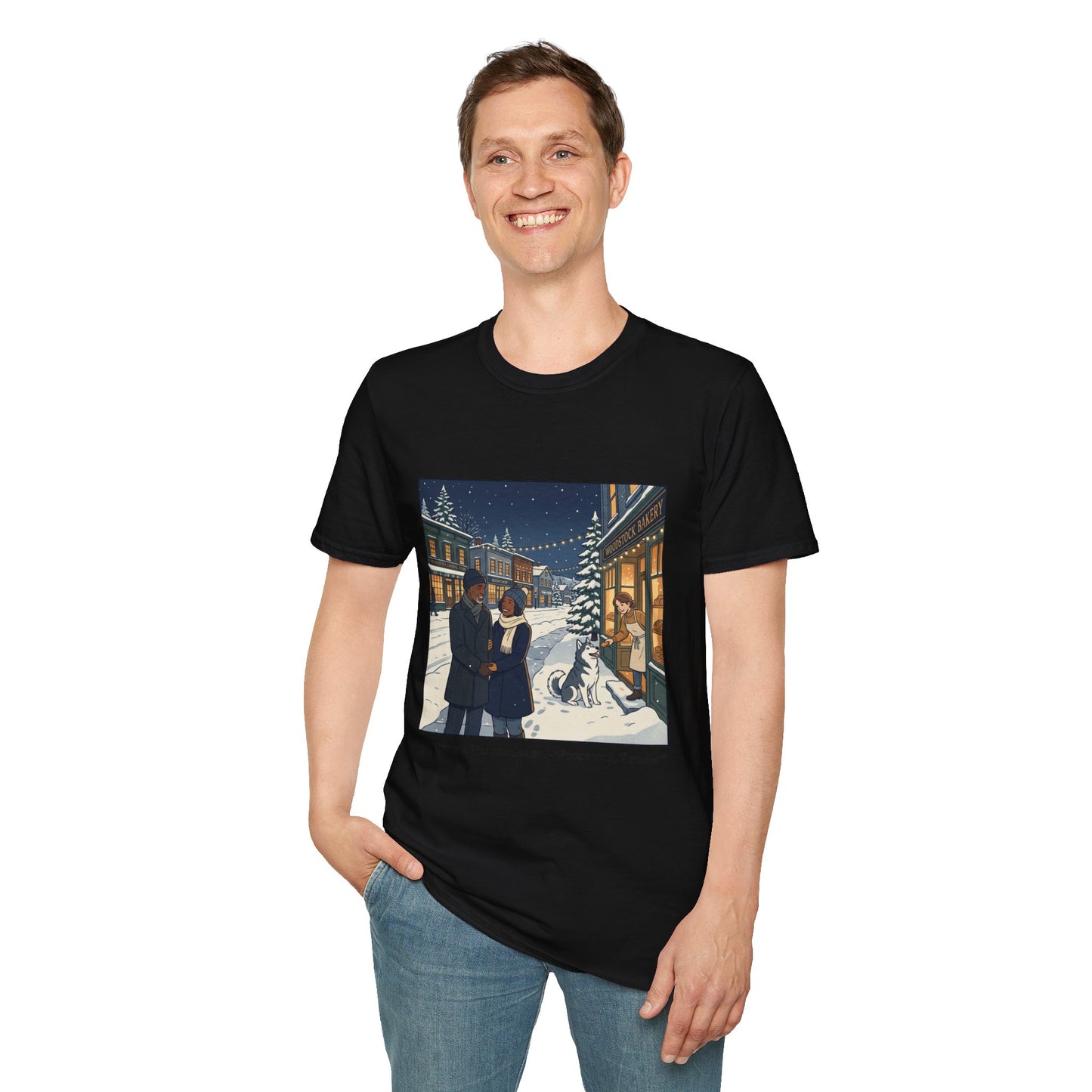 Winter String Lights Stroll T-Shirt — Cozy Holiday Street Scene Graphic Tee