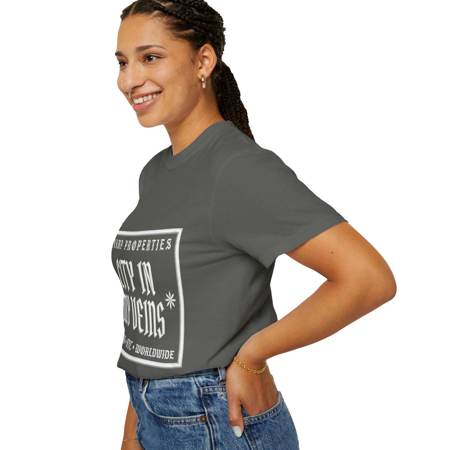City In My Veins T‑Shirt — Vintage Cityscape Tee (Boston • NYC • Manchester)
